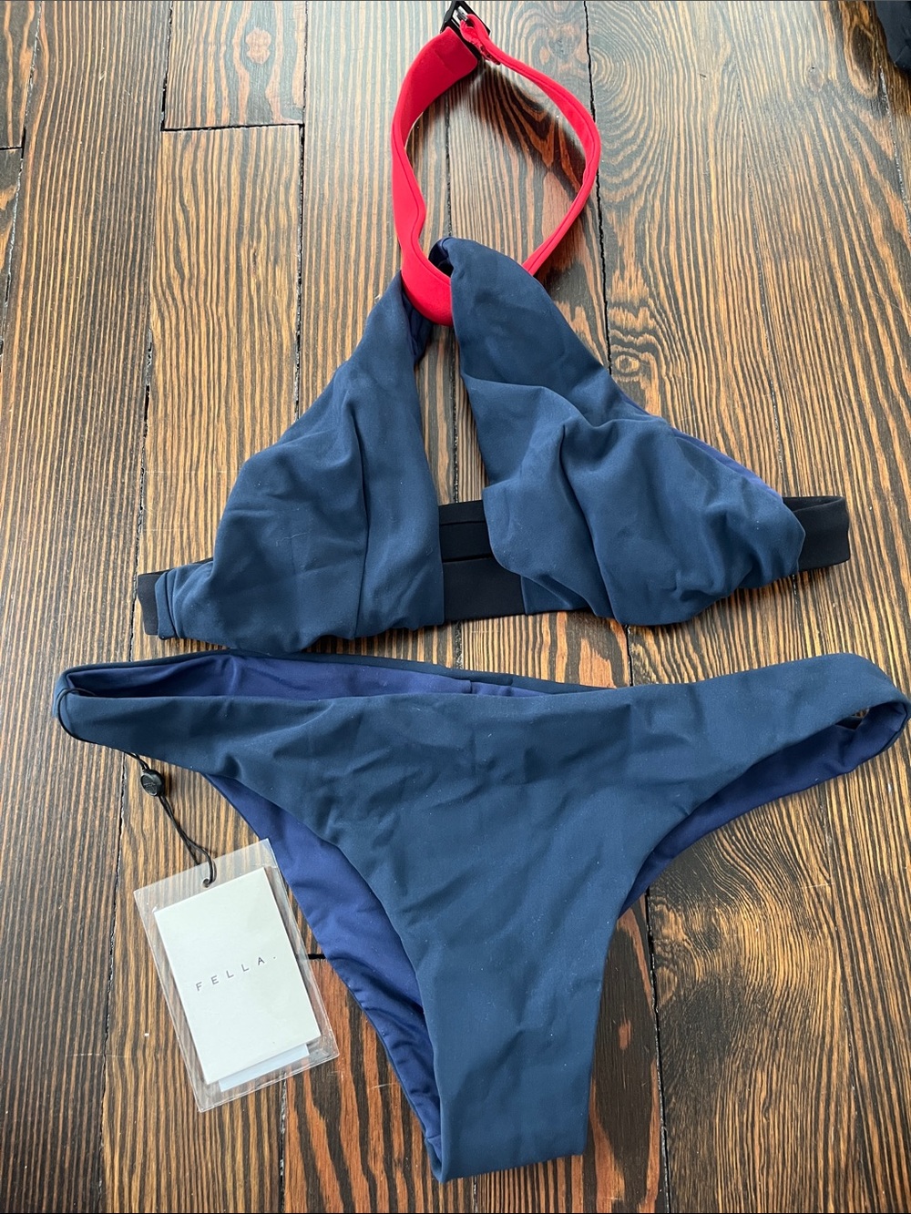 Fella Navy & Red Two-Piece Halter Bikini Small Top, Medium Bottom